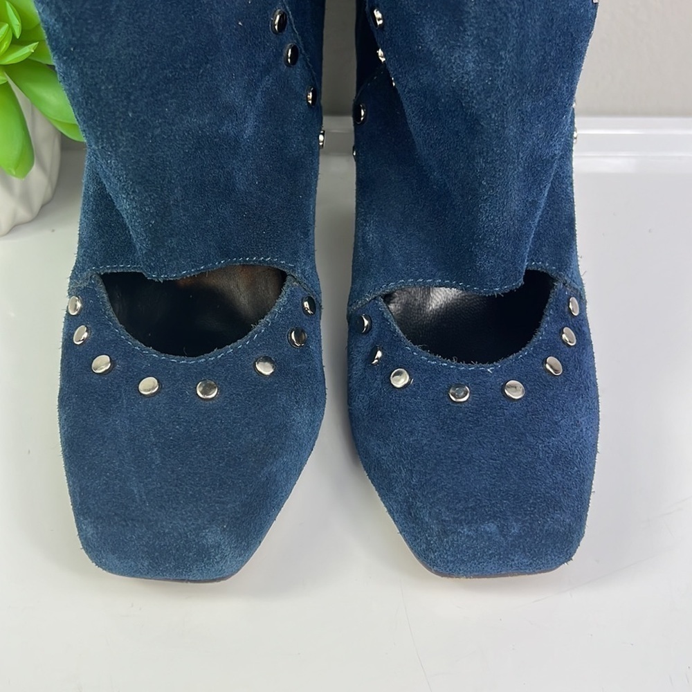 Kathryn Amberleigh Suede Studded Ankle Bootie Blue Open Vamp 9 - Picture 3 of 10